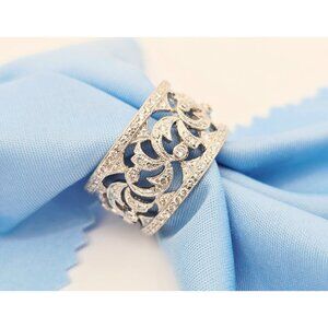 Art Deco 18K Solid White Gold Floral Design Diamond Wide Band Ring - Size 6.50